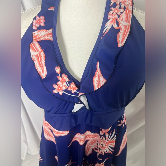 Blue and Pink ruffle babydoll halter tie tankini swim top size 4X - Picture 2 of 11